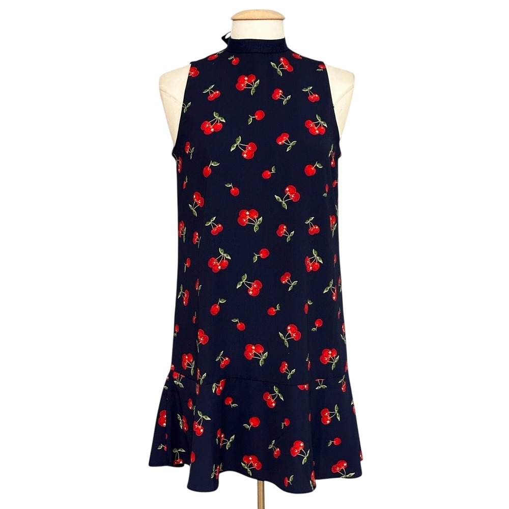 Sugar + Lips Womens Dress S Very Cherry Day Navy Print A Line Mini Retro Classic